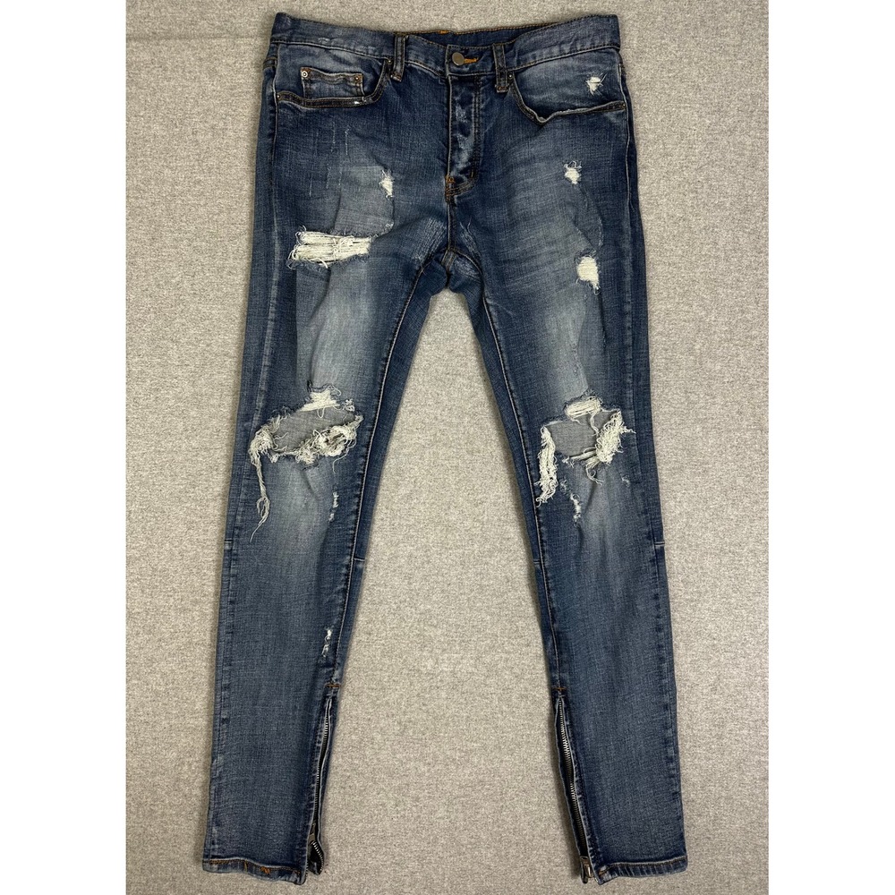 MNML Skinny Jeans Mens 34x32 Blue Zip Leg Ankle Distressed Ripped Denim